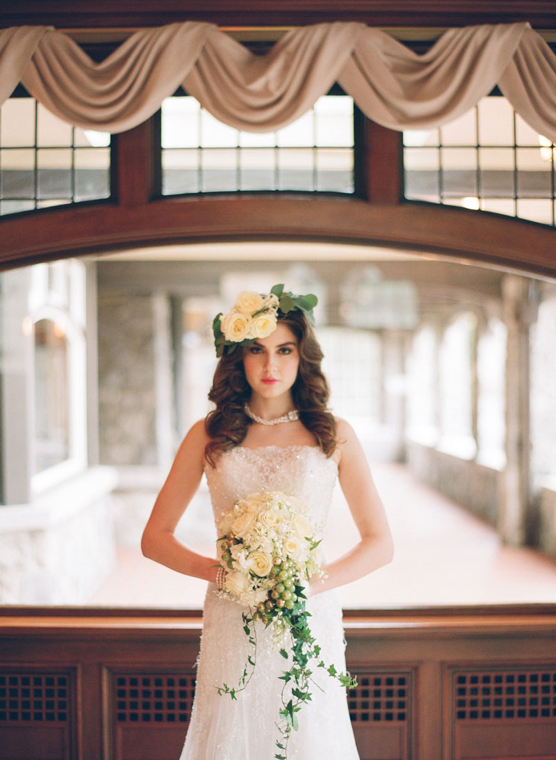 bride-white-rose-flower-crown-pearl-necklace-cascading-rose-bouquet-sophia-tolli-dress