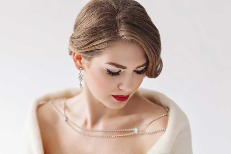 bridal beauty shooulder jewelry necklace pearl and crystal earrings low updo