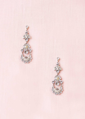 delicate crystal pearl bridal chandelier drop earrings